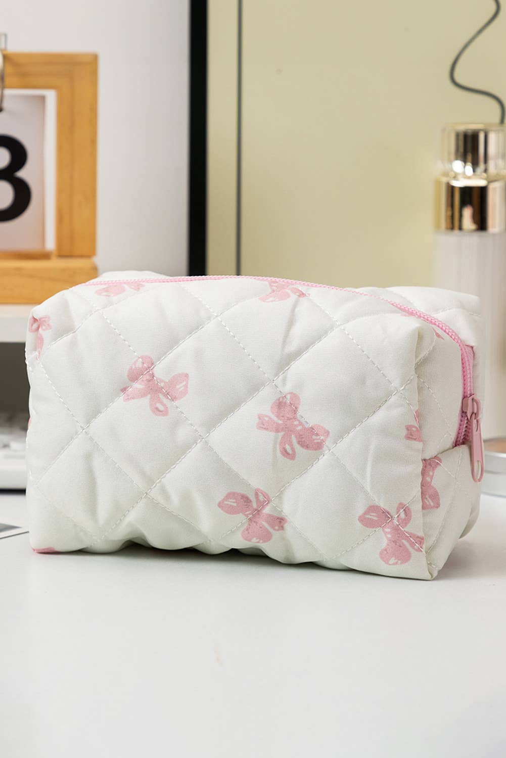 Bow My Valentine Quilted Zipper Makeup Bag